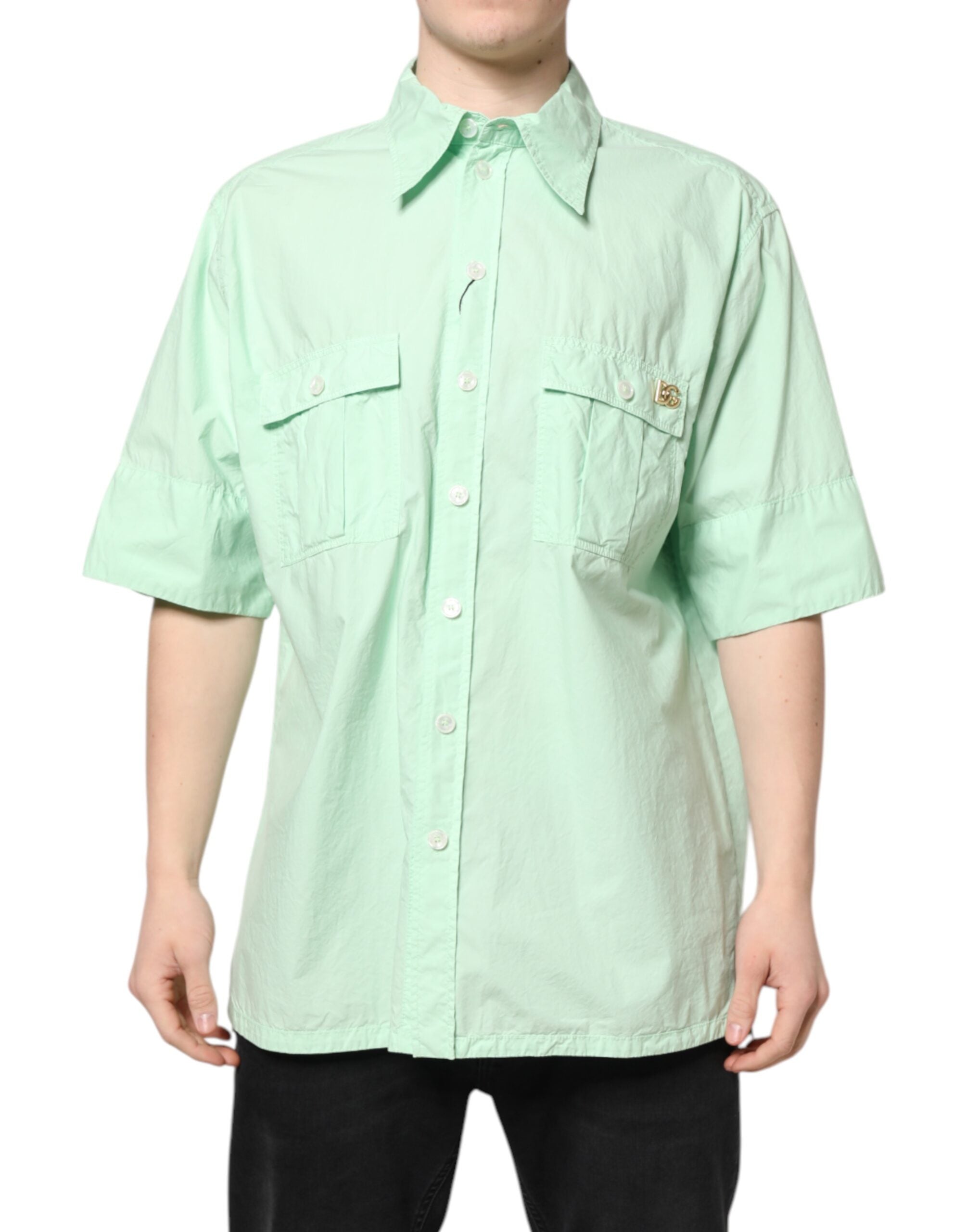 Dolce & Gabbana Green Cotton Short Sleeve Men Casual Shirt